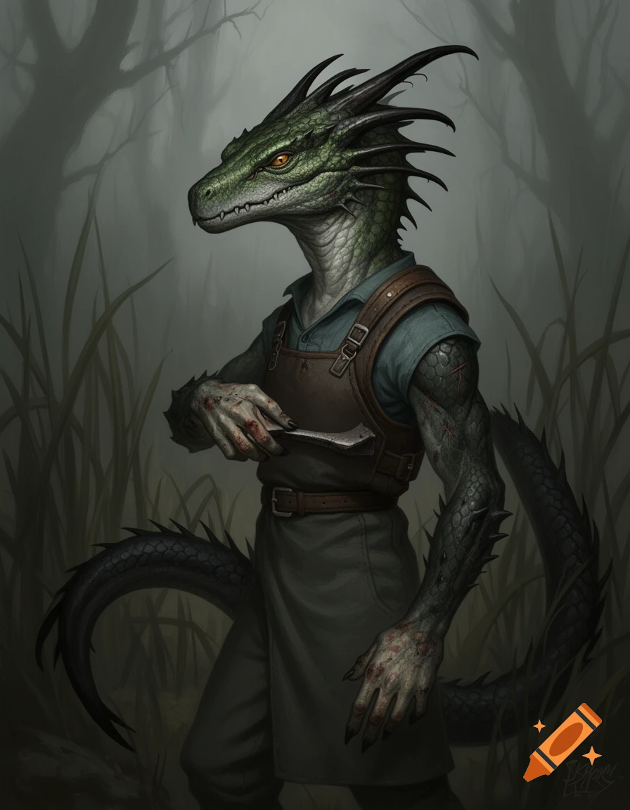 A detailed dark fantasy portrait of a green-scaled Argonian male, holding a knife, with bloodied hands, standing in a misty swamp.