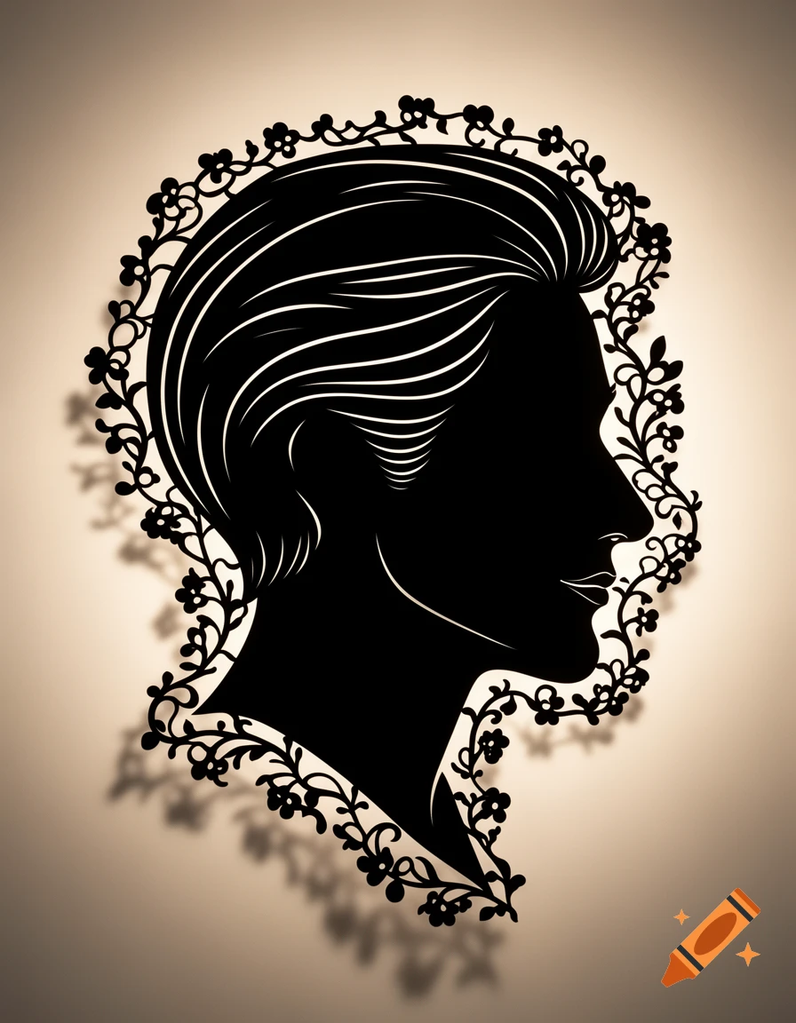 Black silhouette of a person's profile, framed by a floral paper-cut border, casting a shadow on a light background.