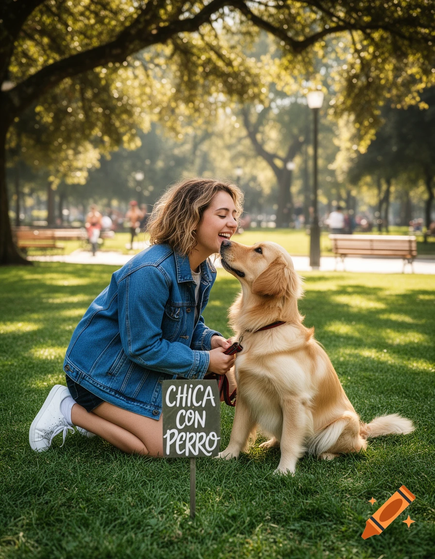 A smiling woman kneels in a sunlit park, leaning in as a golden retriever licks her face, with a sign reading "CHICA CON PERRO".