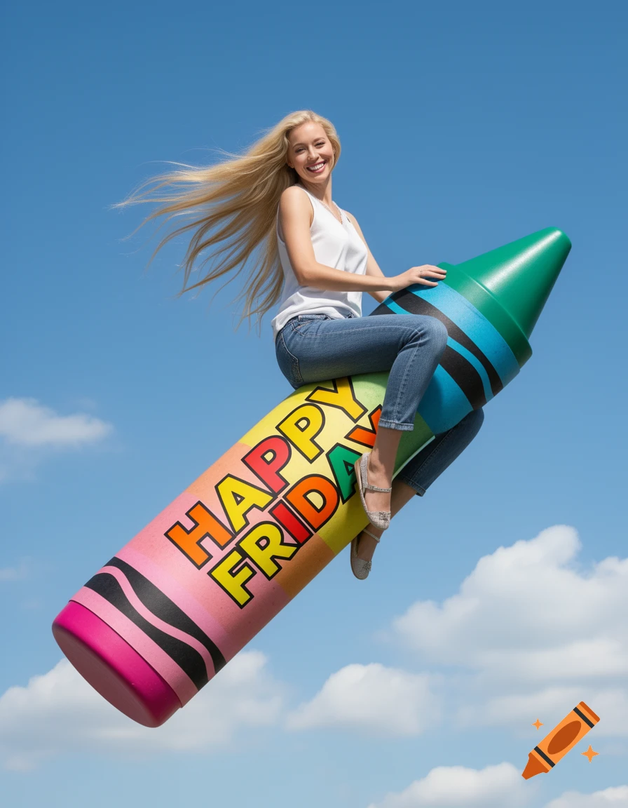 A smiling blonde woman with long flowing hair rides a giant crayon labeled 'HAPPY FRIDAY' against a bright blue sky with scattered clouds.