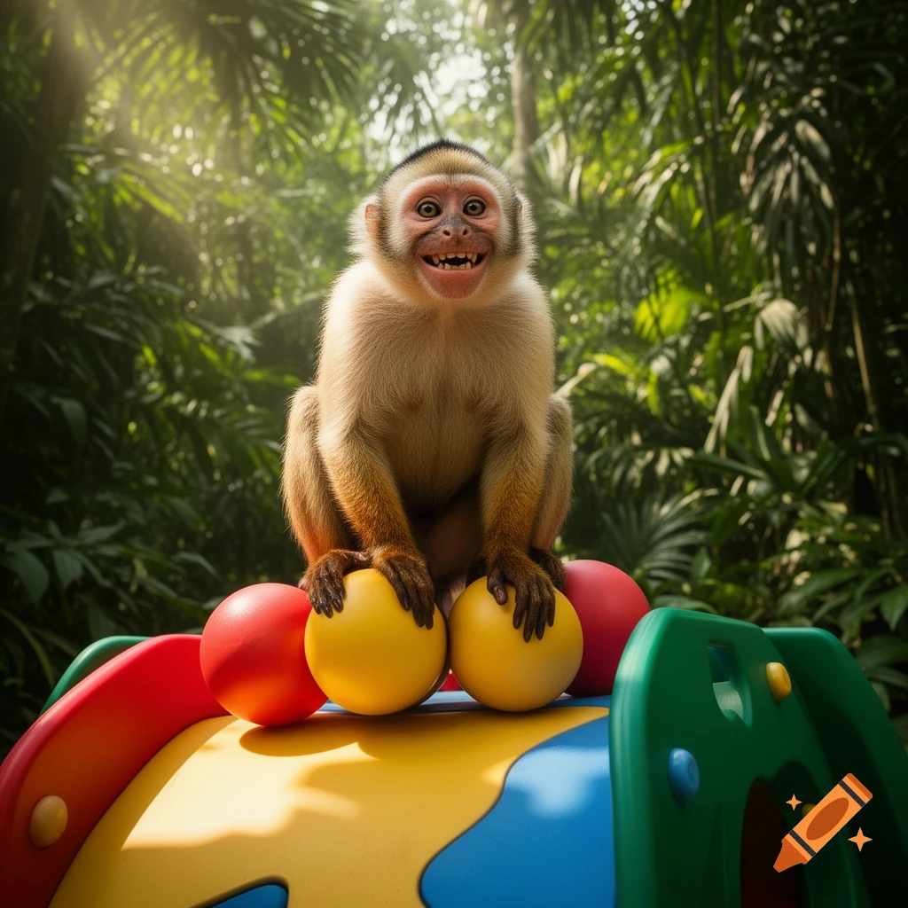A grinning monkey with wide eyes sits atop a colorful red, yellow, and blue playground structure amidst lush green foliage. It grips two large yellow balls with its paws.