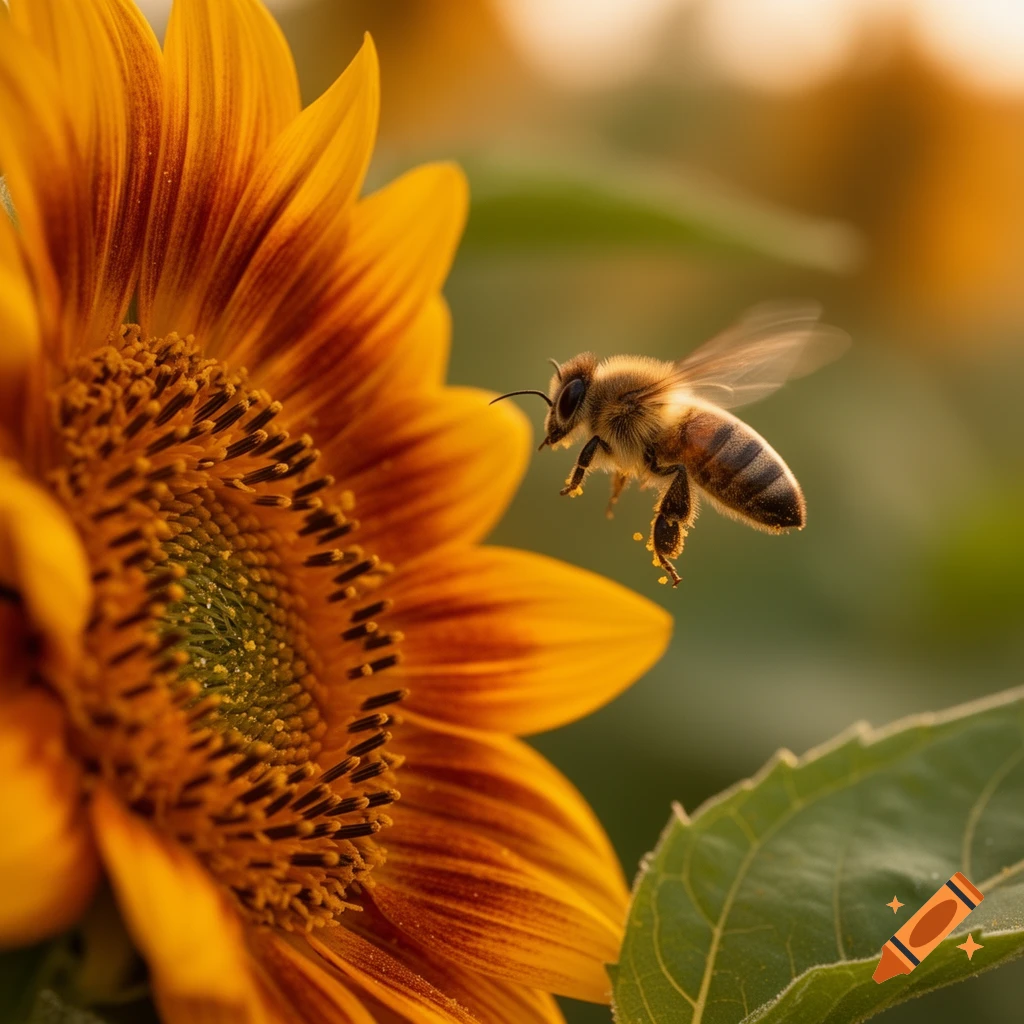 A close-up, photorealistic image of a bee in mid-air near a vibrant yellow and orange sunflower.