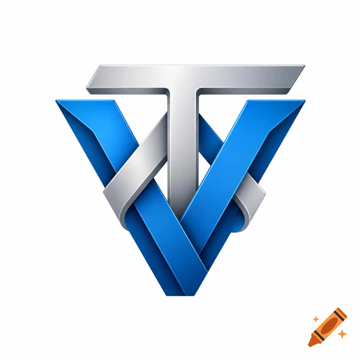 A modern 3D abstract logo with intertwined silver and blue V and T letters on a clean white background.