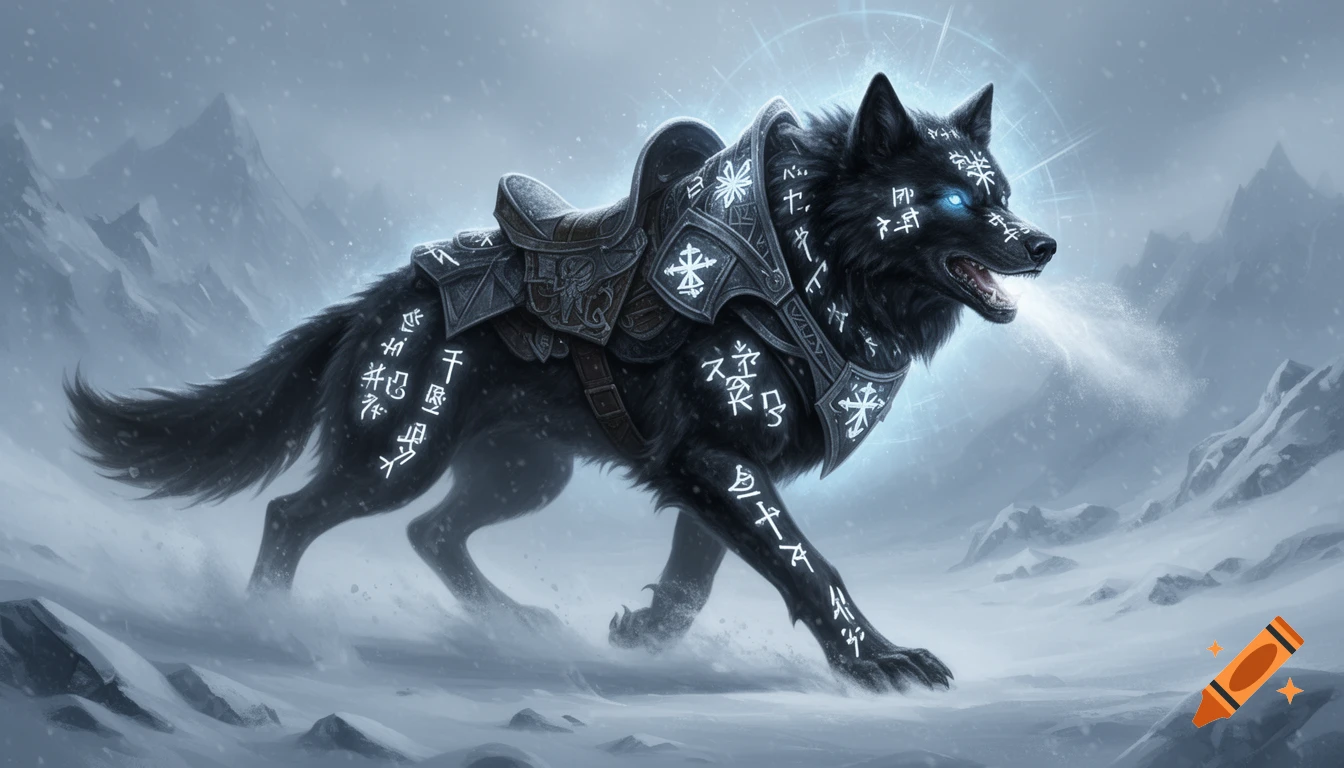 An intimidating black phantom wolf with glowing blue eyes and radiant white runes on its fur and armor, exhaling mist in a snowy blizzard mountain landscape.