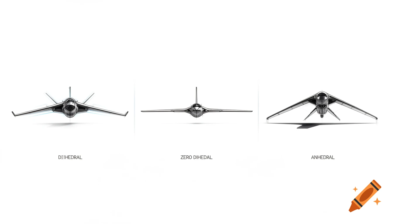 Three front-on diagrams of aircraft wings showing dithedral, zero dihedral, and anhedral configurations, resembling technical drawings.