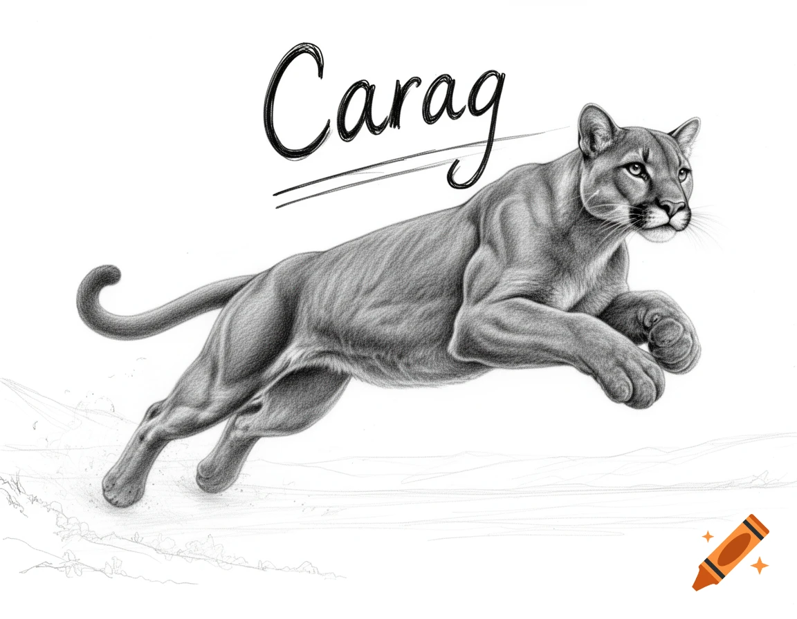 Pencil drawing of a muscular puma leaping, with the name Carag written above it in a stylized, handwritten font.