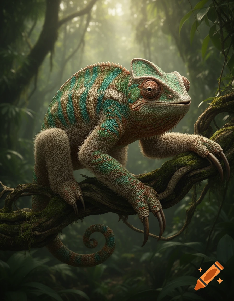 A detailed, photorealistic chimera, a mix of a sloth and a chameleon, perches on a mossy branch in a lush, sunlit jungle.