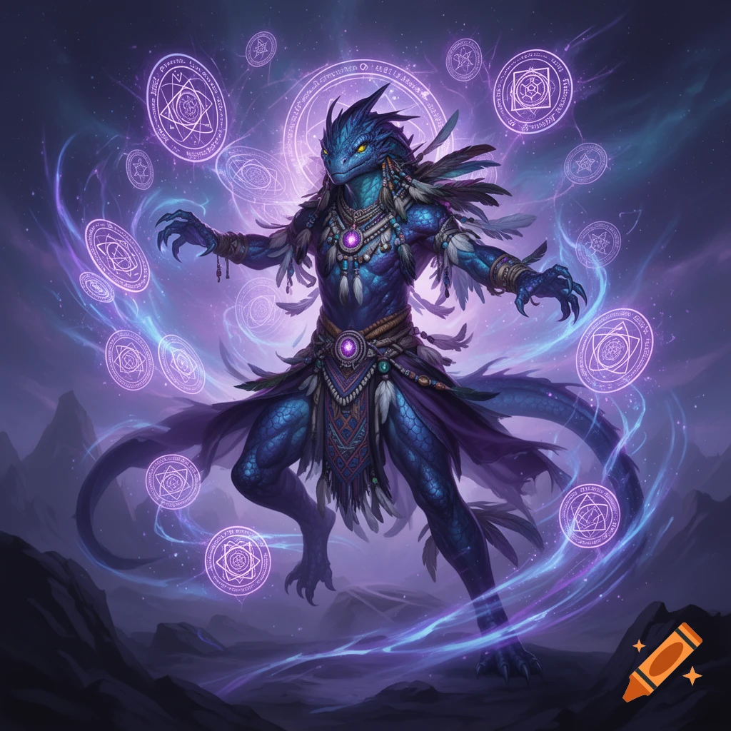 A mystical indigo-blue reptilian humanoid shaman, adorned with feathers and beads, surrounded by glowing purple energy and symbols.