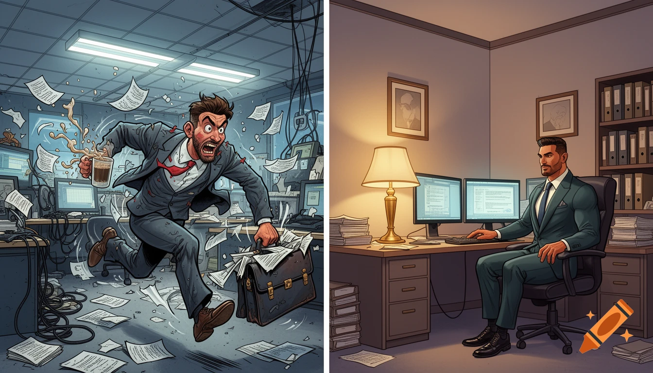 Cartoon illustration contrasting a stressed worker spilling coffee in a messy office with a calm worker at a neat desk.