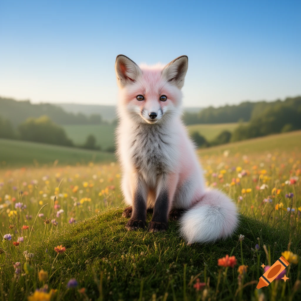 A cute white and pink fox sits on a grassy mound in a field of colorful wildflowers under a clear blue sky.