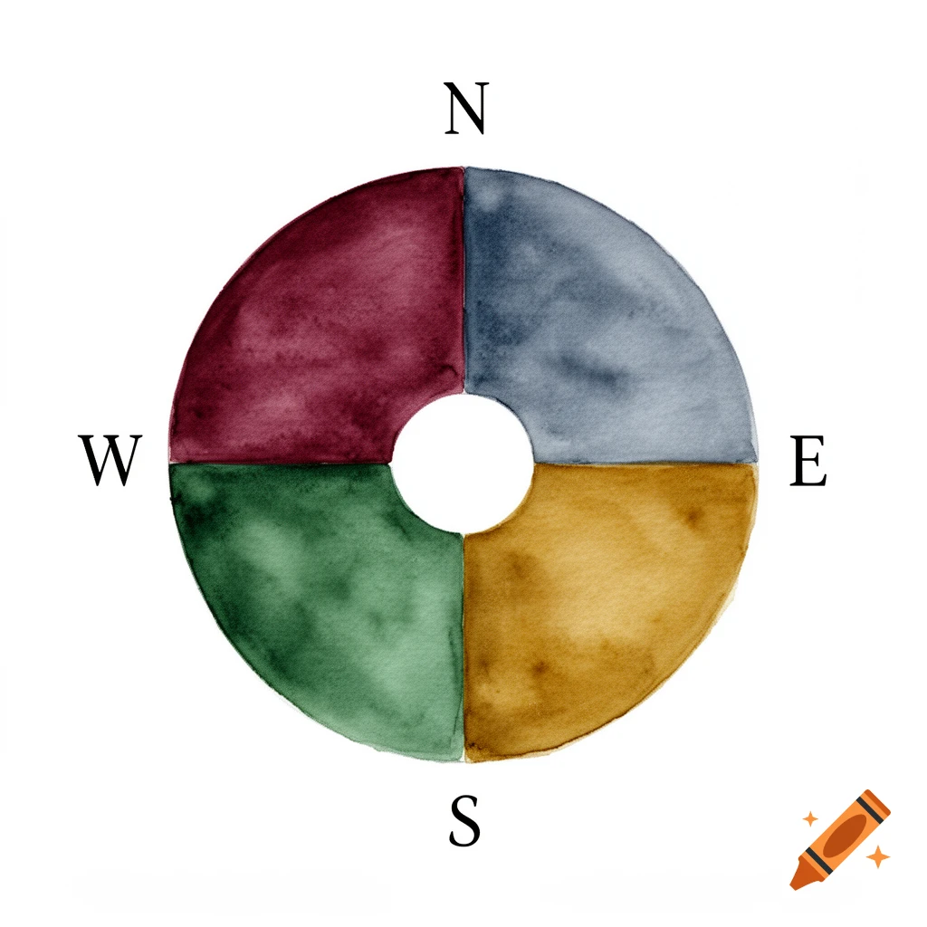 A watercolor compass rose with a white center, divided into maroon, slate blue, forest green, and mustard sections, labeled N, E, S, W.