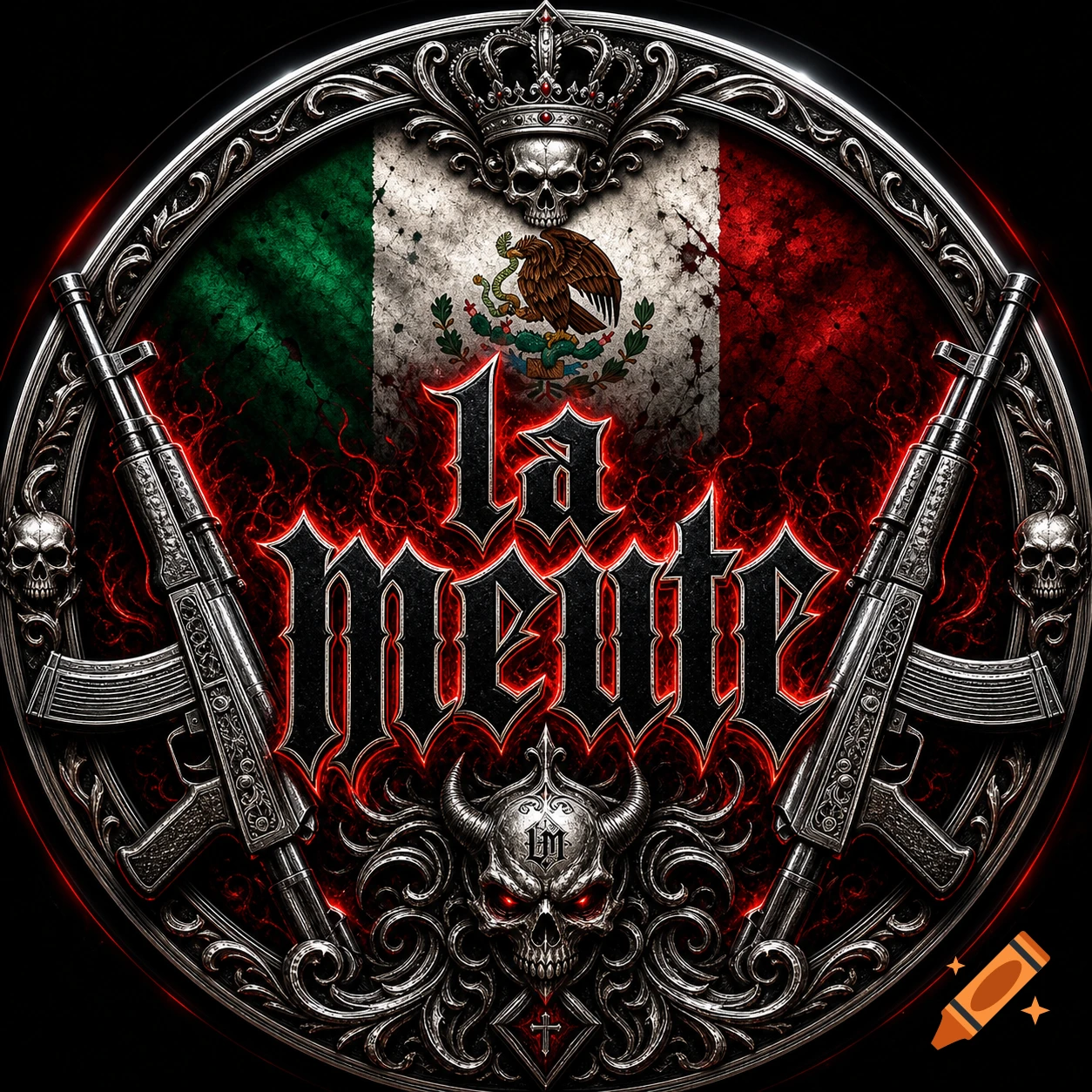 A gothic-style round logo featuring a distressed Mexican flag, two ornate AK-47 style rifles, skulls, and red glowing text "LA MEUTE".