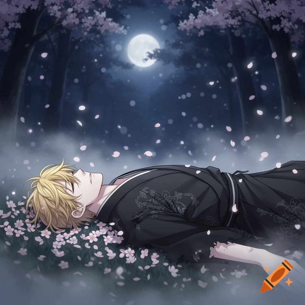 Anime man with blonde hair in a black kimono lies among cherry blossoms under a full moon in a dark forest.