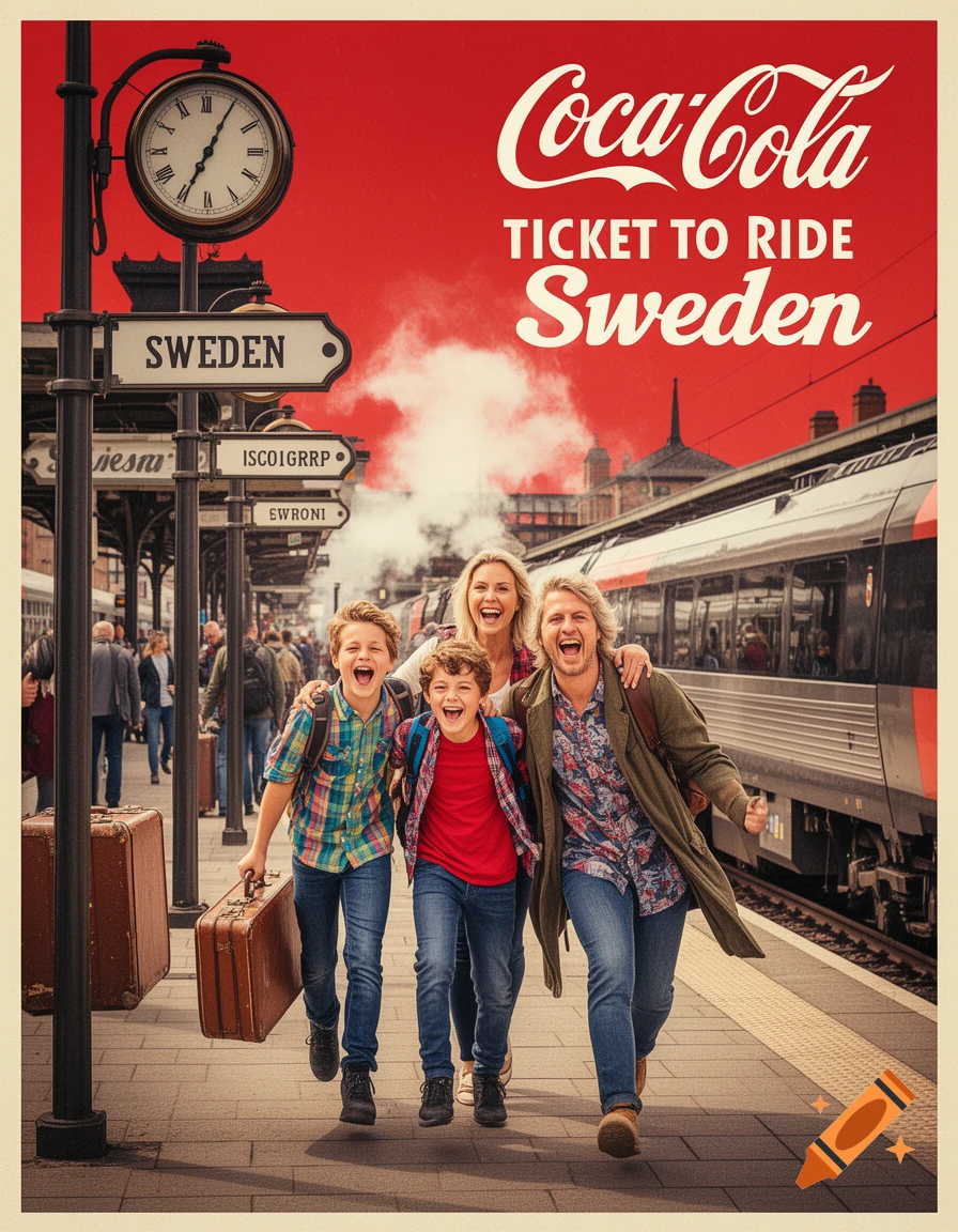 A vibrant retro-style poster showing a joyful family with two boys at a train station platform, with a Coca-Cola "Ticket to Ride Sweden" advertisement overhead.