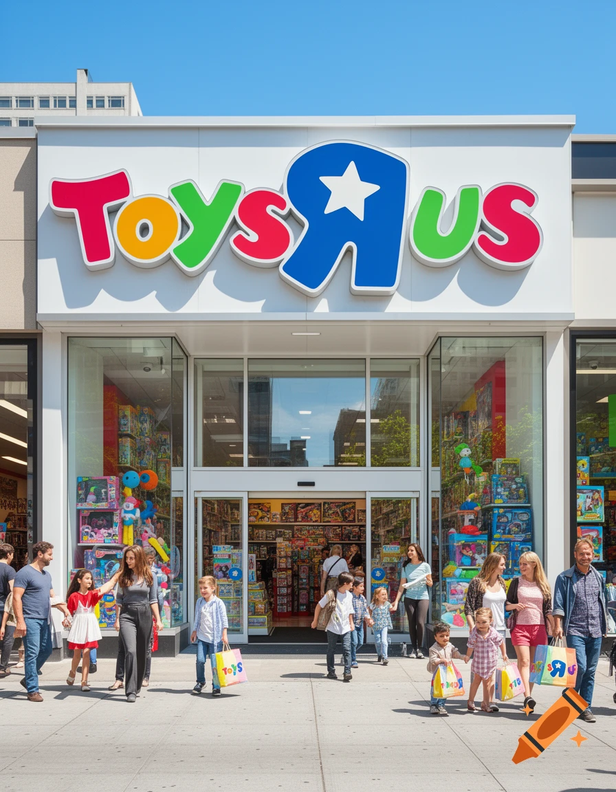 A busy Toys "R" Us storefront on a sunny day with families and children entering and exiting, carrying shopping bags.