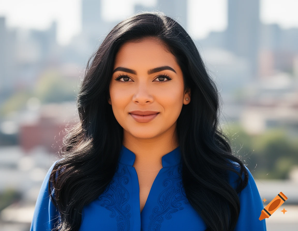 A headshot portrait of a smiling woman with long dark hair, wearing a blue top, against a blurred city background.