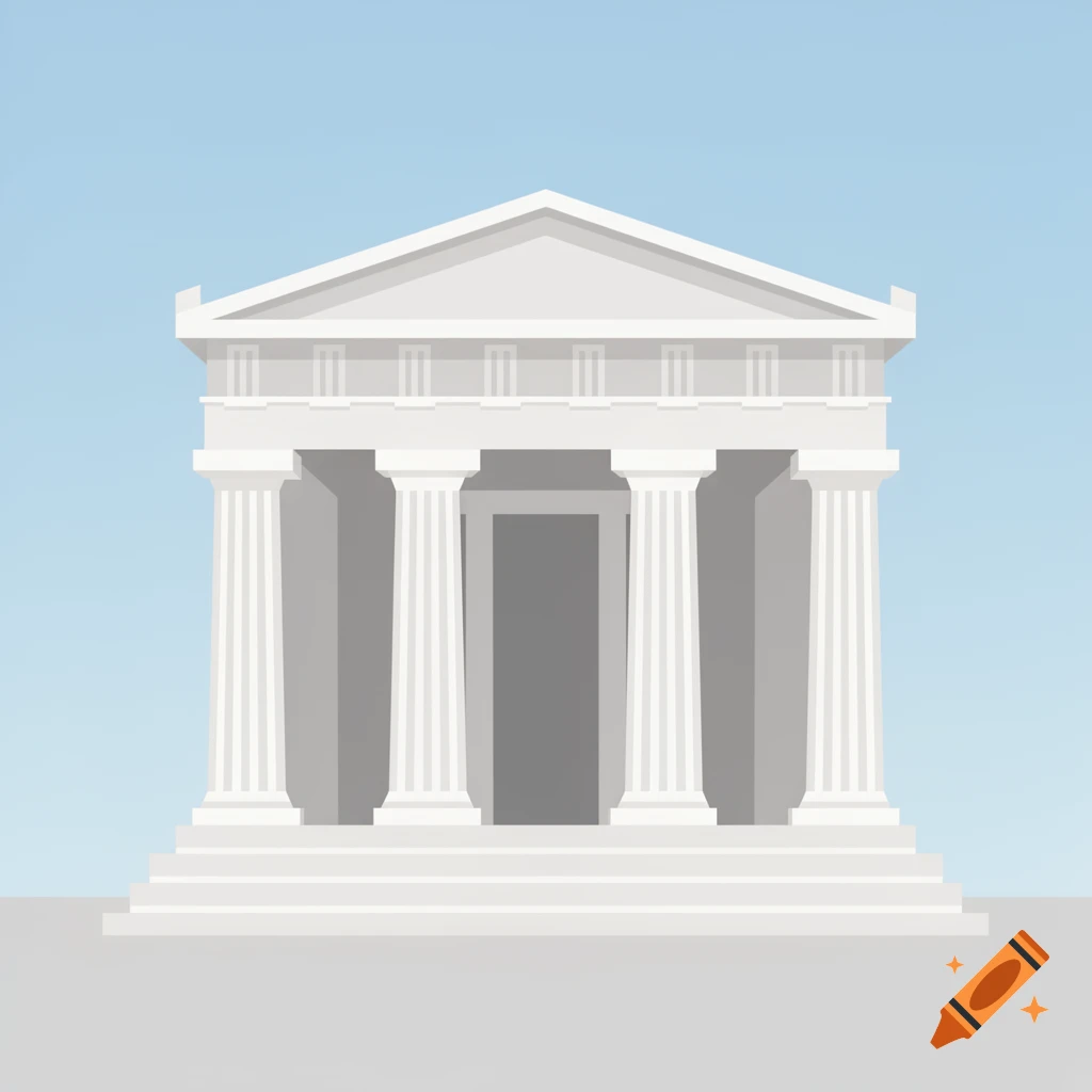 A minimalist illustration of a white Greek temple with columns and steps against a light blue sky.