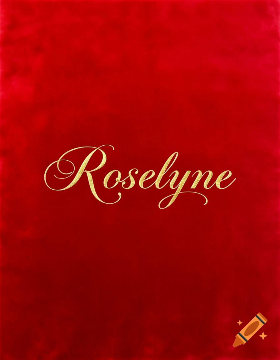 Golden script text 'Roselyne' on a textured red background.