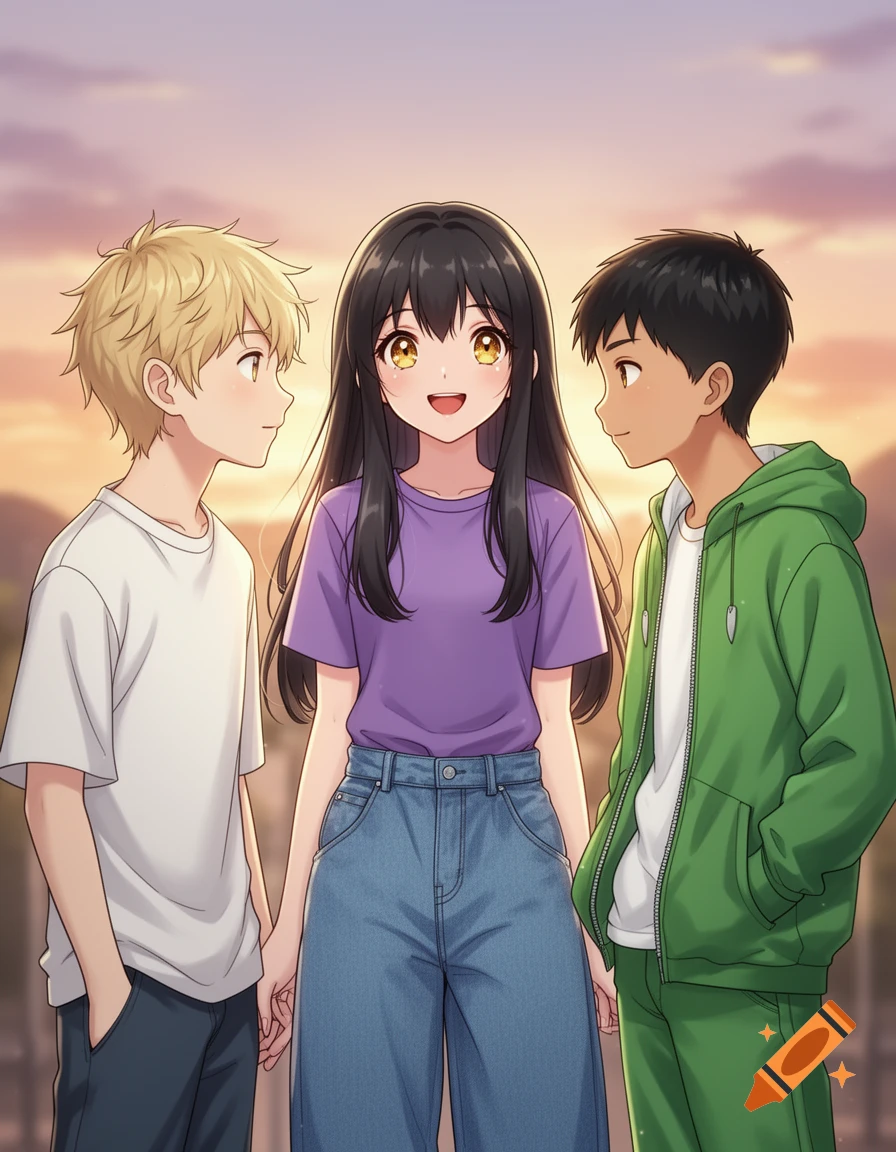 Anime illustration of a smiling girl in a purple shirt and jeans, flanked by two boys looking at her romantically at sunset.