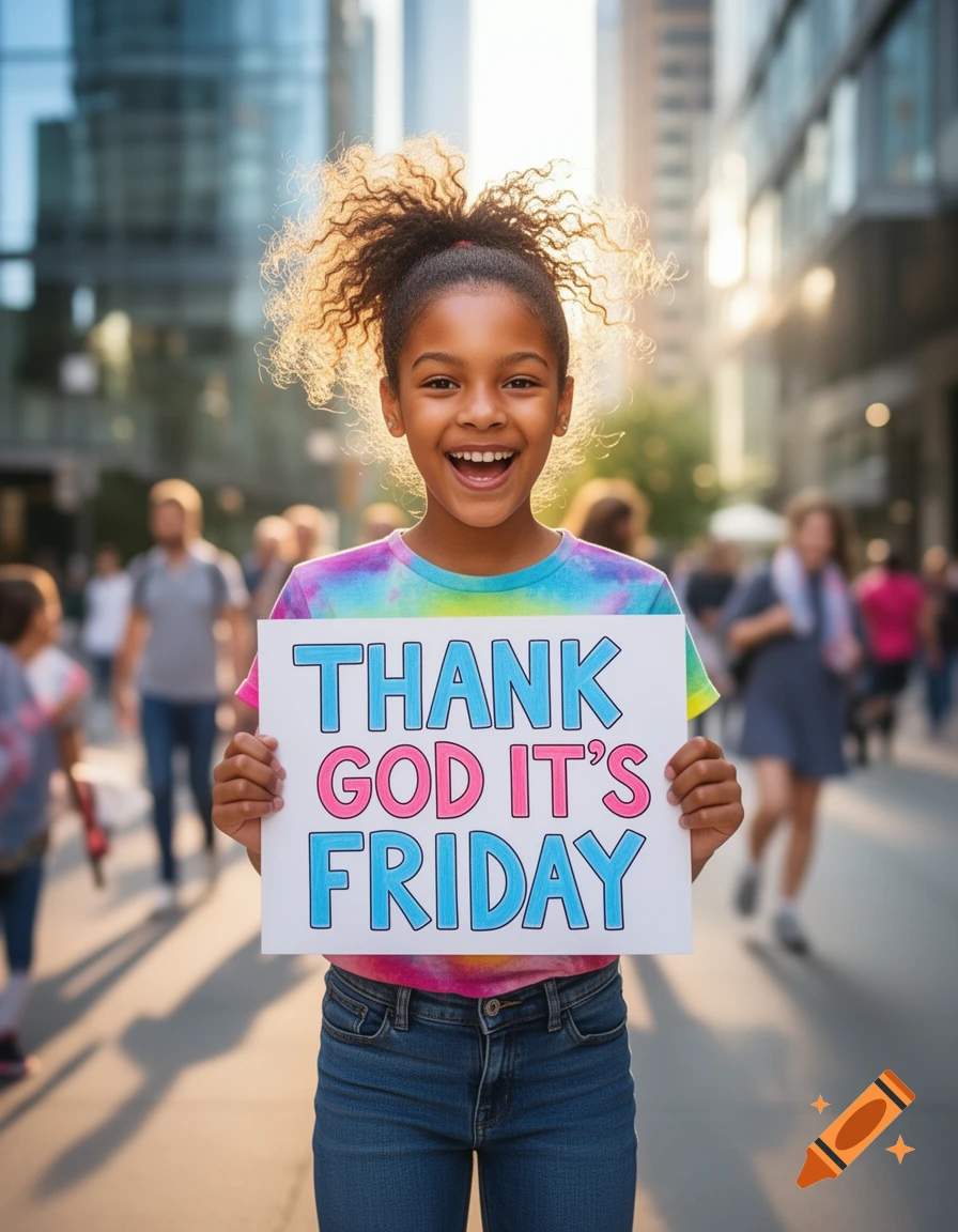 A young Black girl with curly hair, wearing a tie-dye shirt and jeans, smiles broadly while holding a sign that reads "THANK GOD IT'S FRIDAY" in a sunny city street.