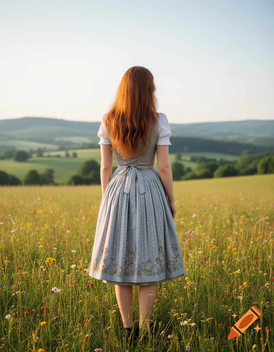 A woman in a traditional dirndl stands in a field of wildflowers, looking out at rolling hills under a clear sky, photorealistic.