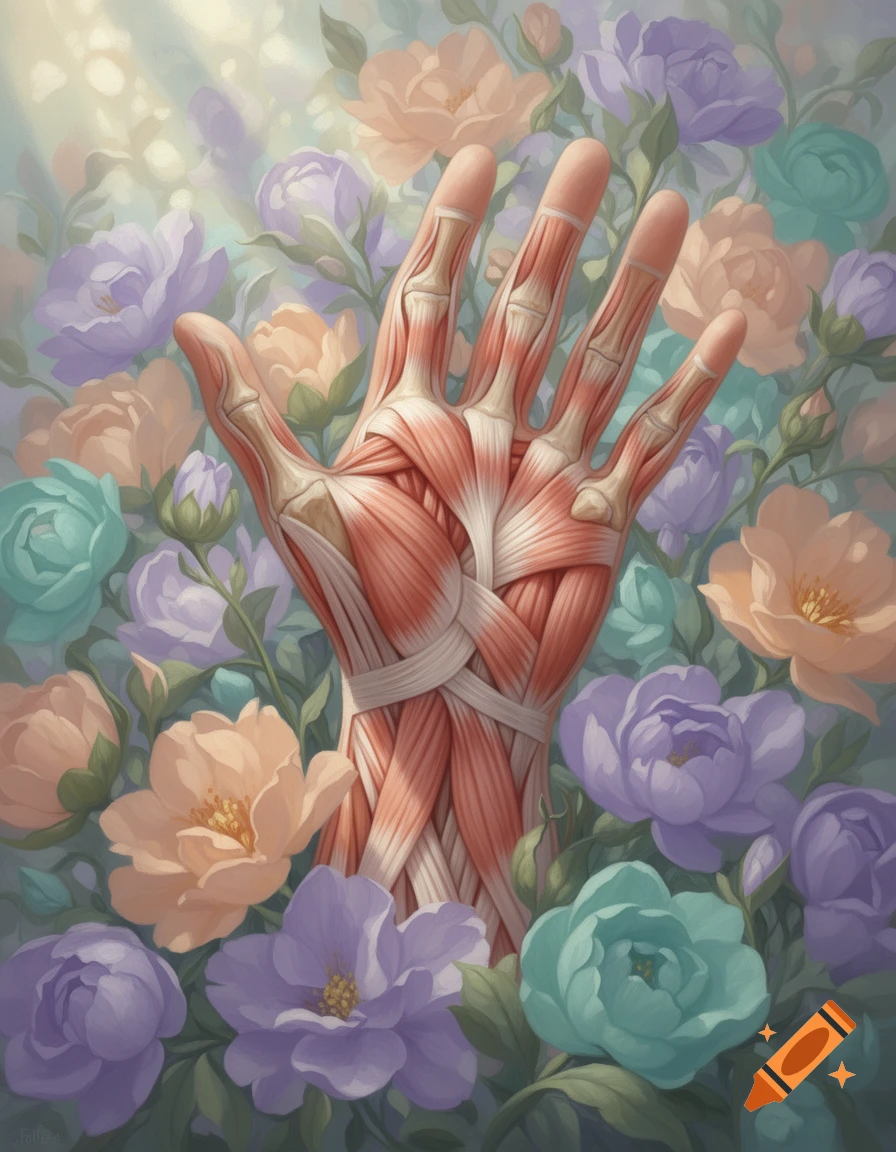 A detailed illustration of an anatomical human hand, showing muscles and bones, surrounded by pastel-colored flowers.