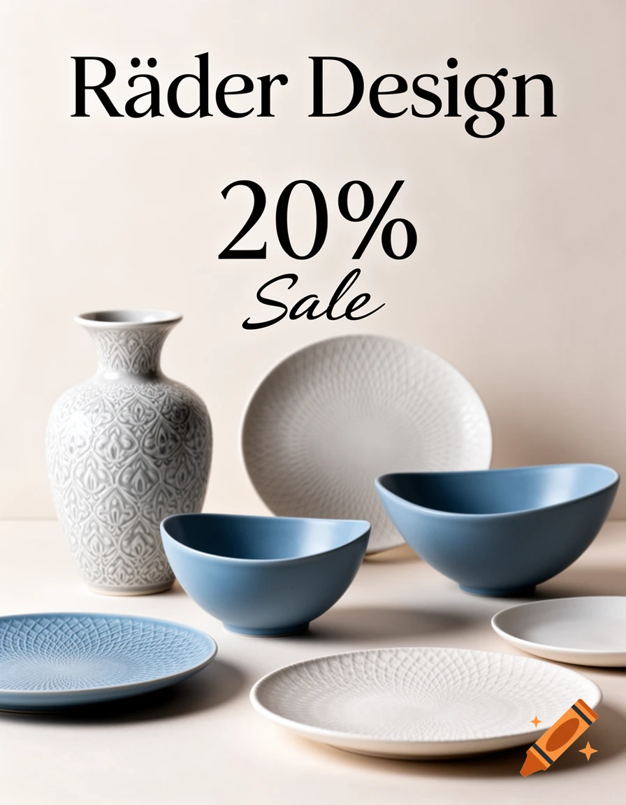 A sale poster for Rader Design, featuring a collection of elegant white and blue ceramic plates, bowls, and a decorative vase, with "20% Sale" text.