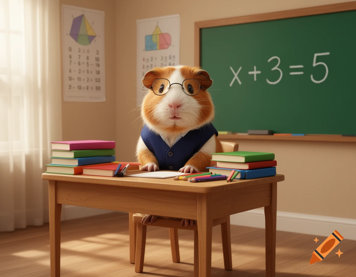 A cute guinea pig with glasses and a blue vest sits at a school desk with books and pencils, in a classroom with 'x+3=5' on the blackboard.
