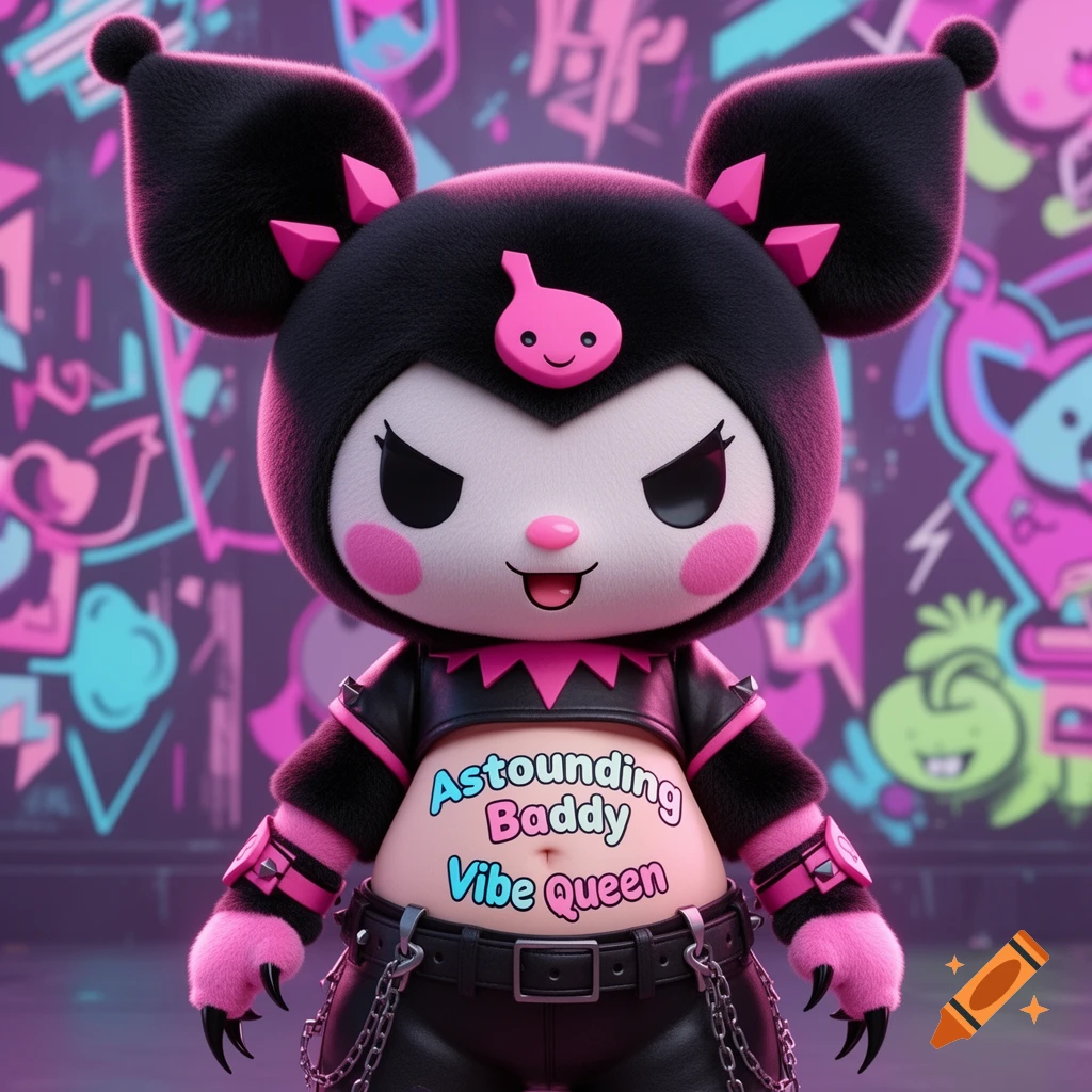 A plush Kuromi-like character in black and pink punk attire, with "Astounding Baddy Vibe Queen" on her belly, neon graffiti background.