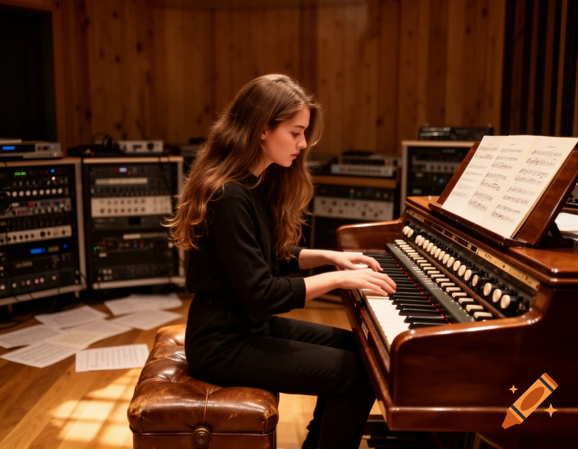 Young woman with long brown hair playing a Hammond organ in a photorealistic recording studio.