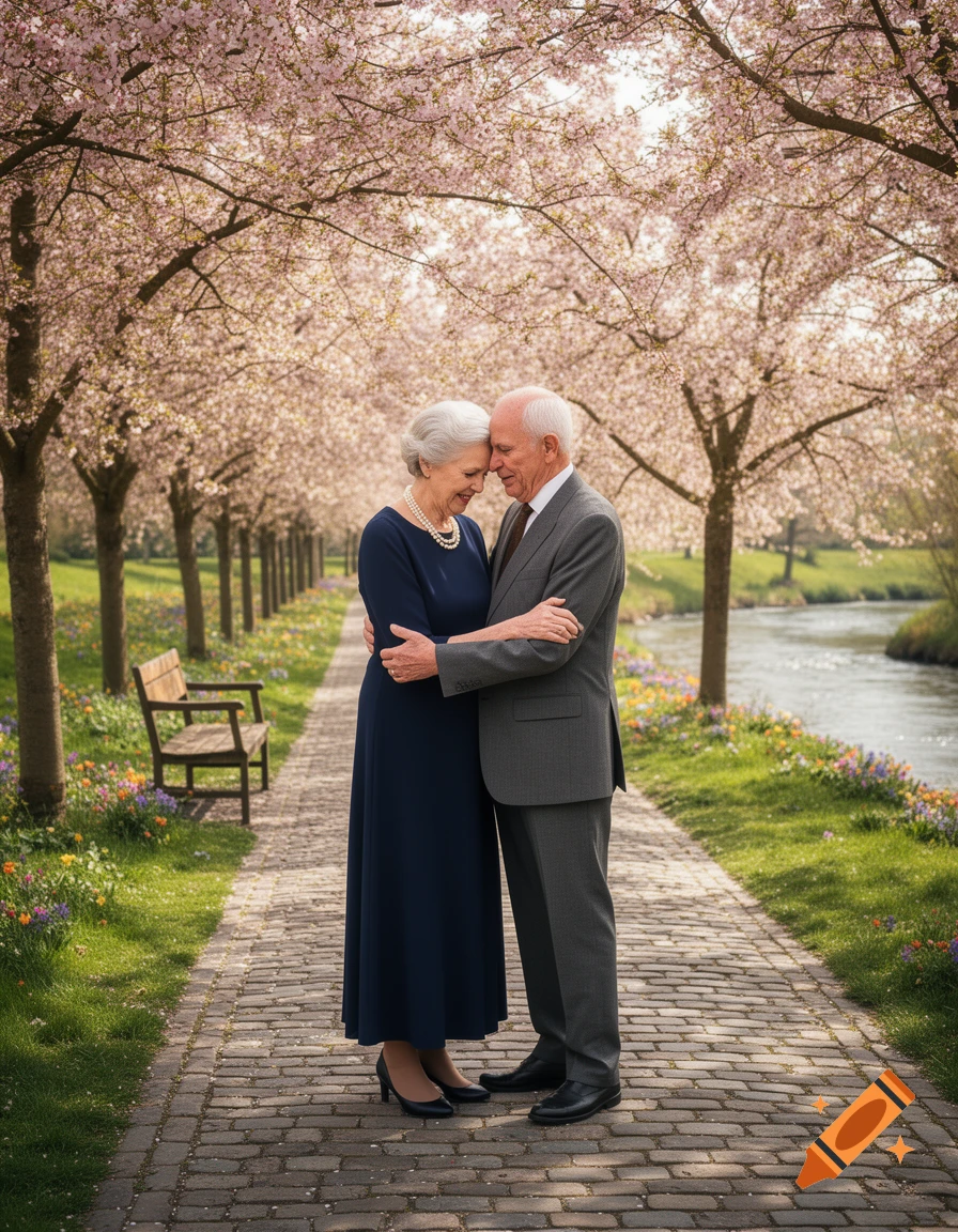 An elderly couple embraces tenderly under an arch of pink cherry blossoms on a paved path next to a river.