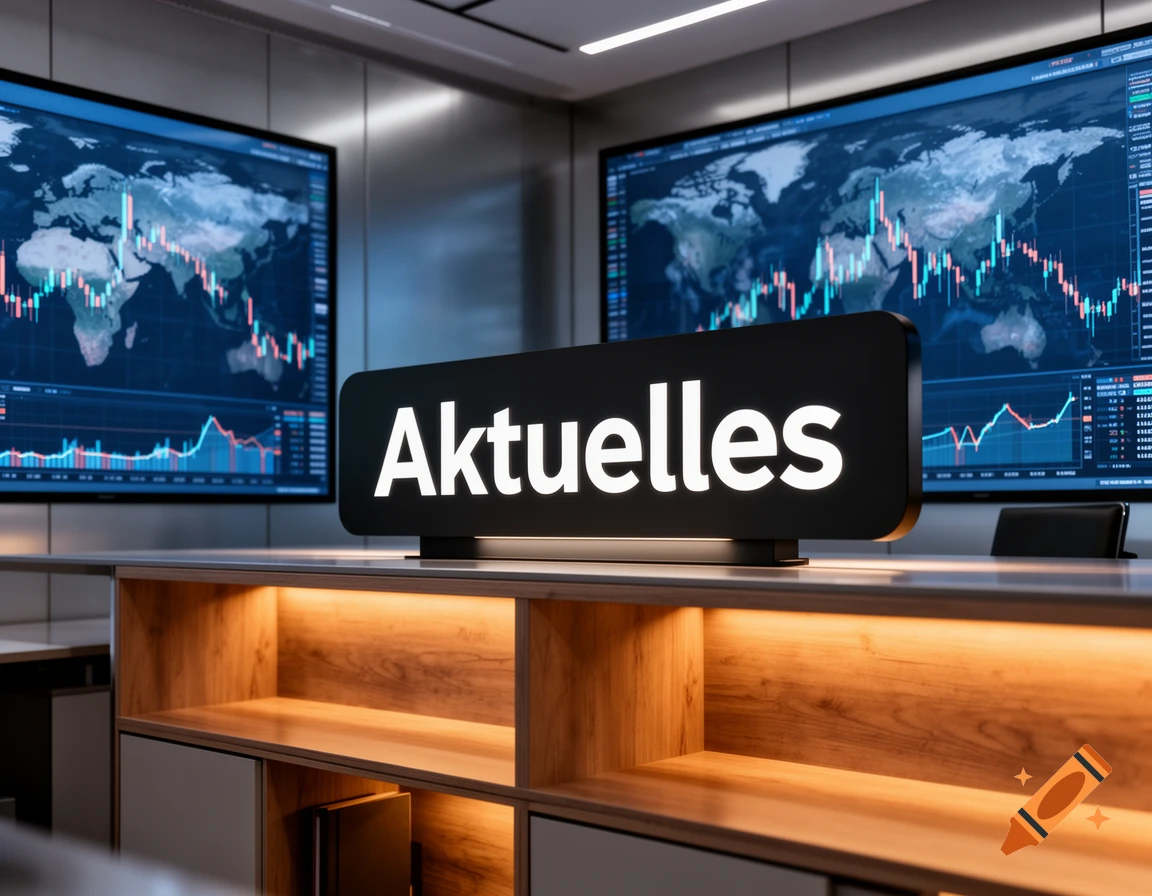 Photorealistic image of a modern office with a backlit sign 'Aktuelles' and two large screens displaying financial world maps.