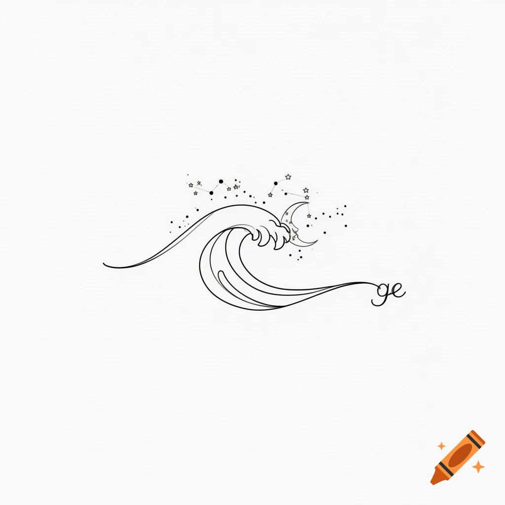 Fine line tattoo design of a simple wave with a crescent moon, stars, and the letters 'ge' on a white background.