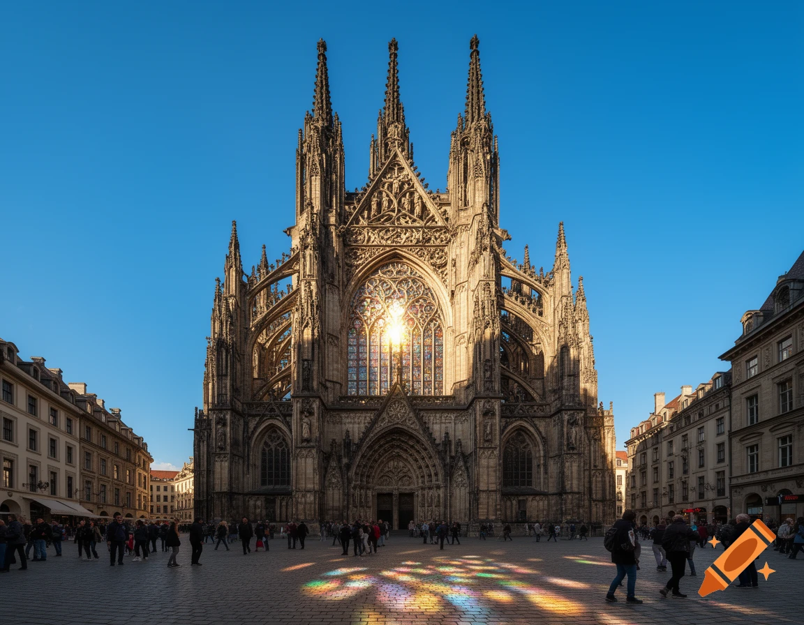 A grand gothic cathedral with intricate spires and stained glass at sunset, casting colorful light patterns on a bustling city plaza.