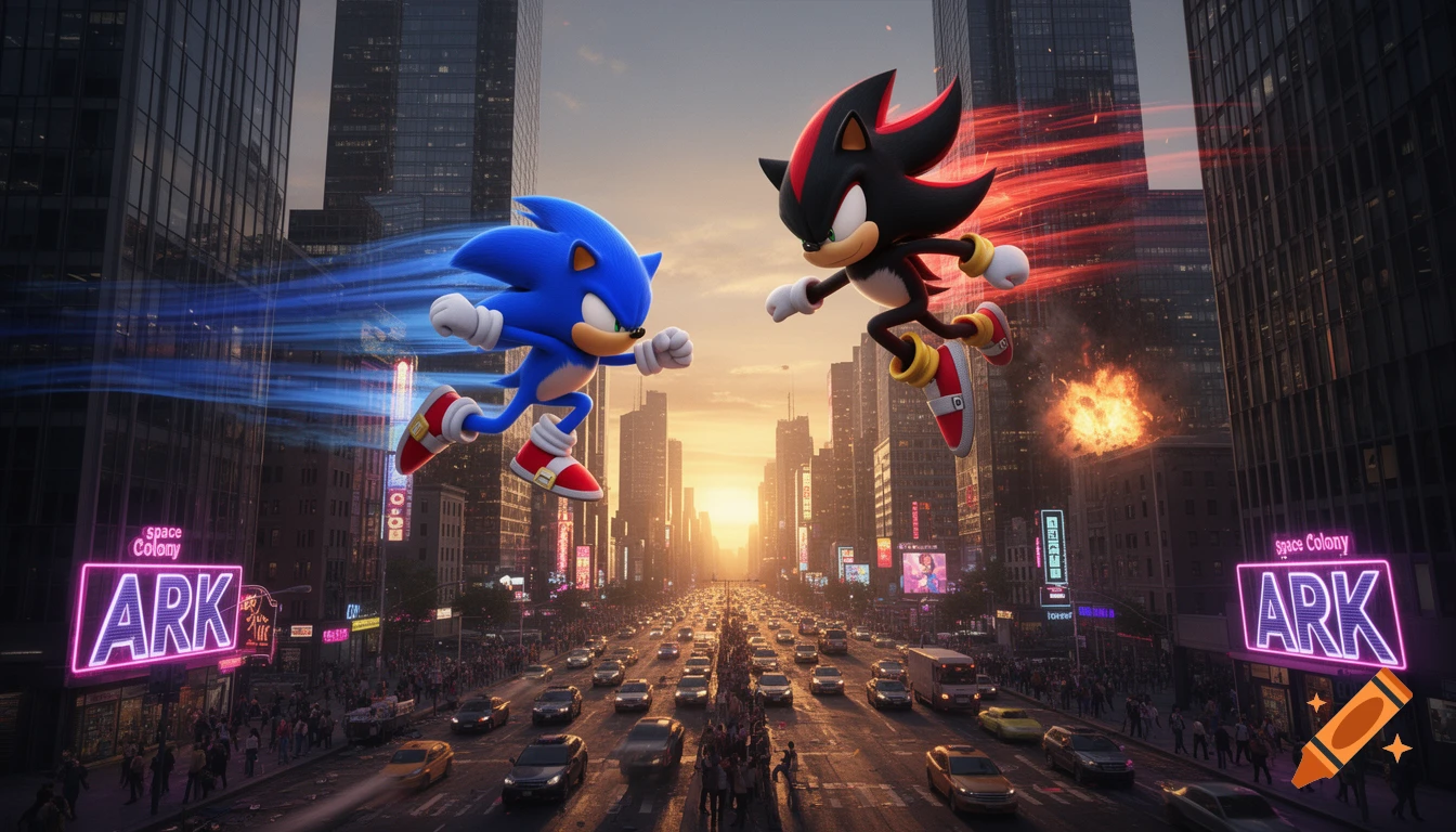 Sonic and Shadow the Hedgehog battling mid-air over a busy city street at sunset, with speed trails and an explosion.