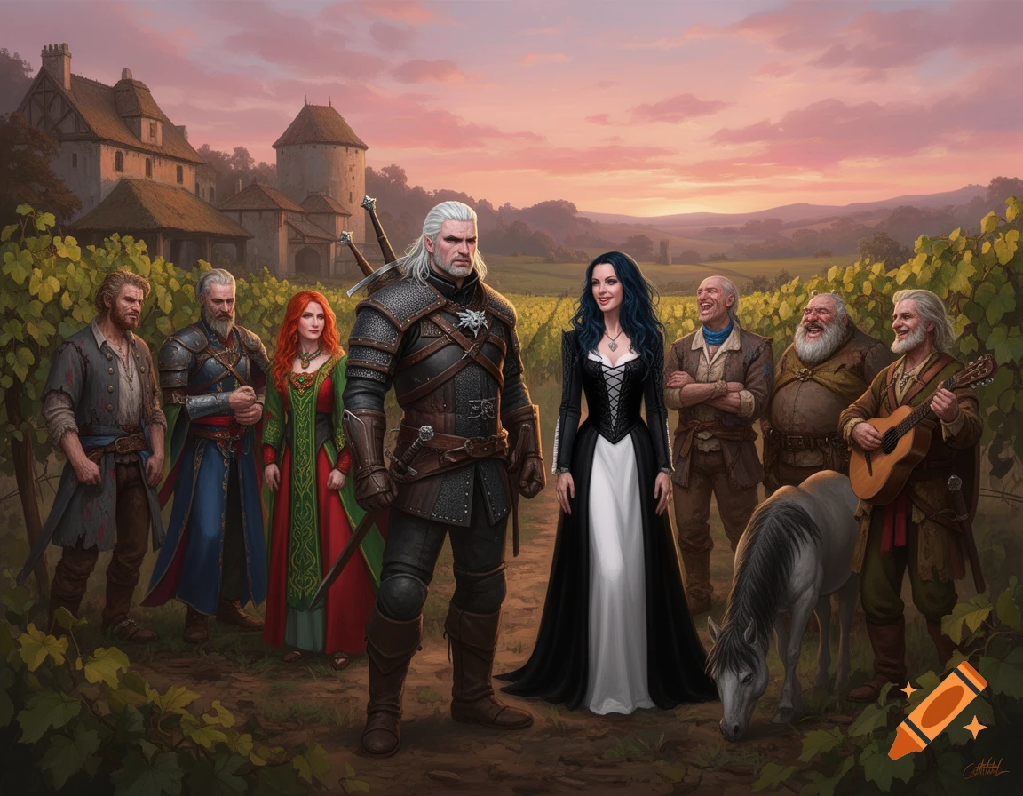 Detailed illustration of Geralt, Yennefer, and several other characters in a vineyard at sunset, with a house and rolling hills in the background. A white horse grazes nearby.