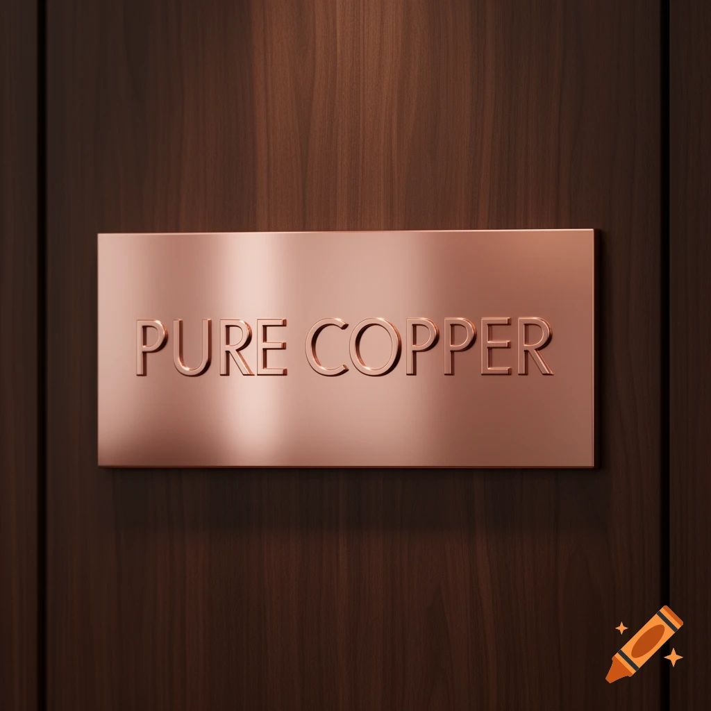 A photorealistic image of a shiny copper sign with "PURE COPPER" embossed, mounted on a dark wooden door.