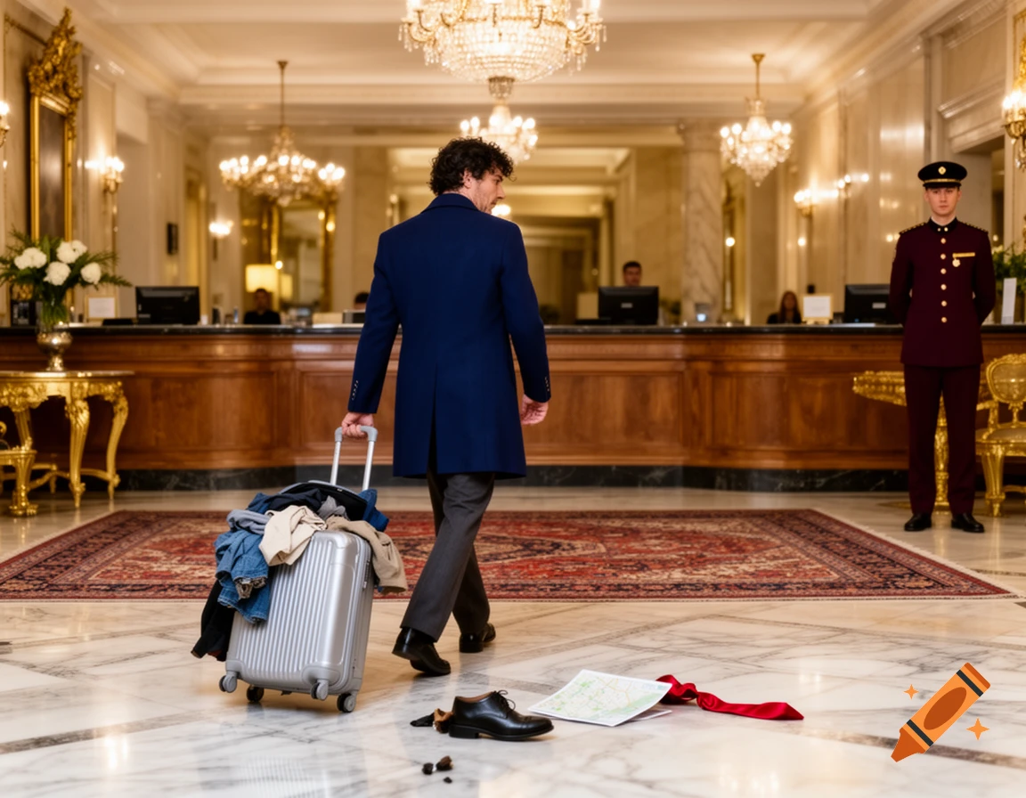A man pulls an overflowing suitcase through a grand hotel lobby, with clothing, a shoe, and a map scattered on the marble floor.