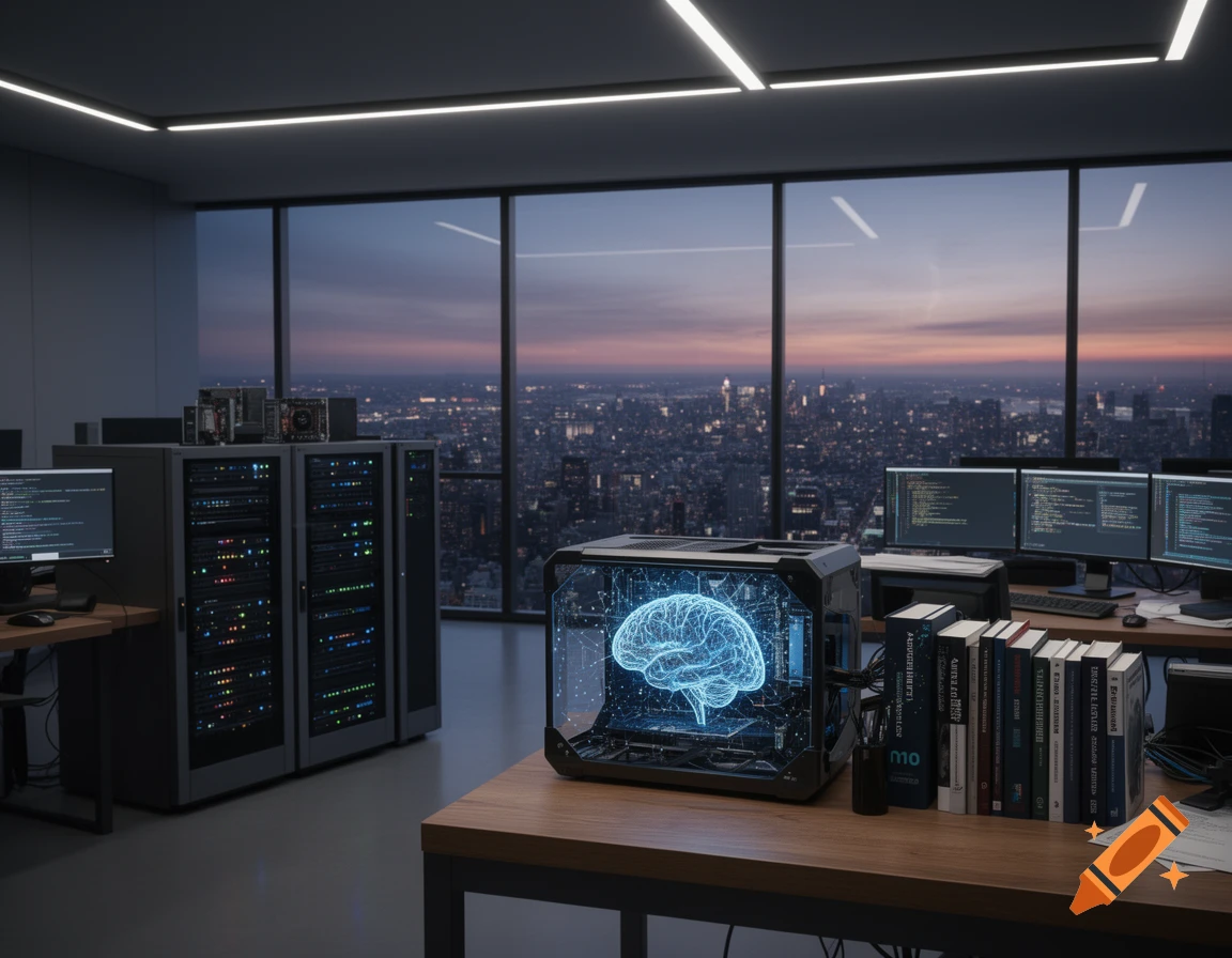 A modern office at dusk, overlooking a city skyline, with server racks, computers displaying code, and a glowing blue brain in a clear PC case on a wooden desk with books.