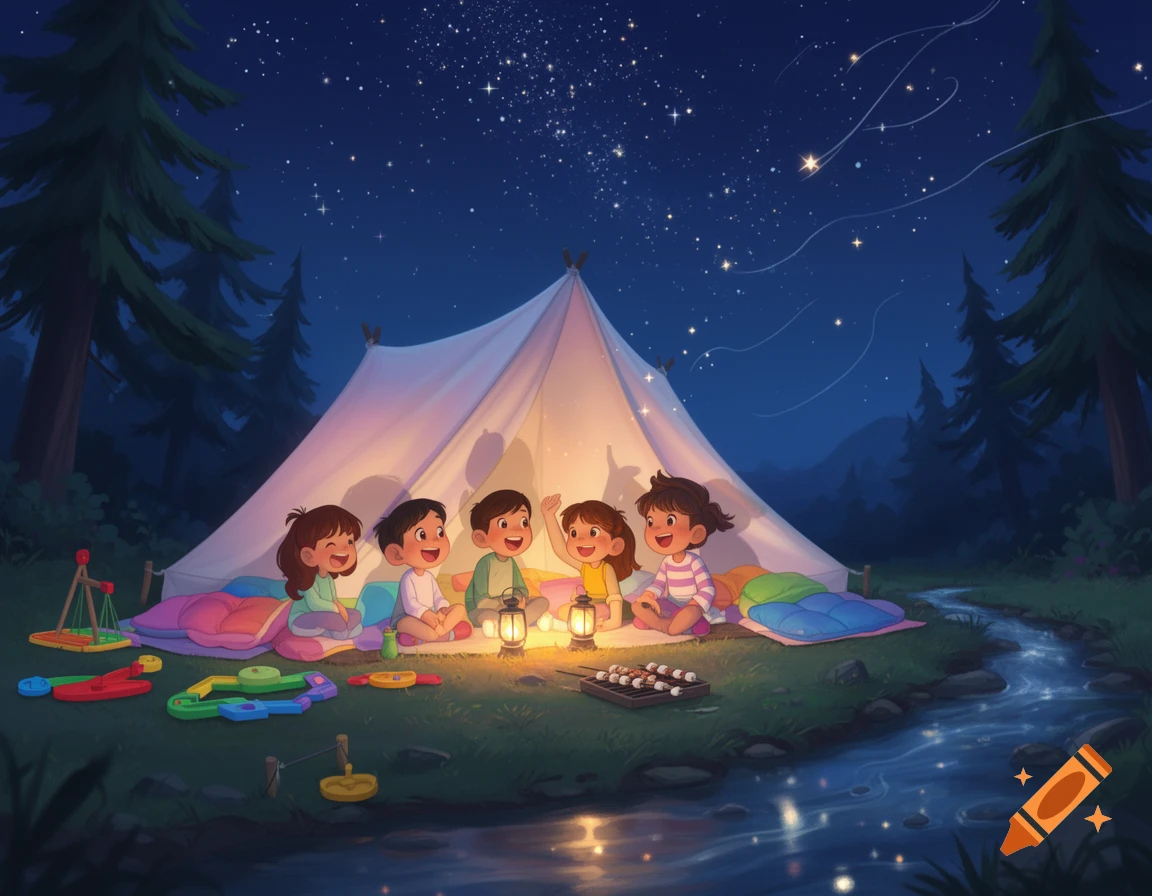 Five smiling children camp in a tent at night under a starry sky by a stream, with toys and lanterns.