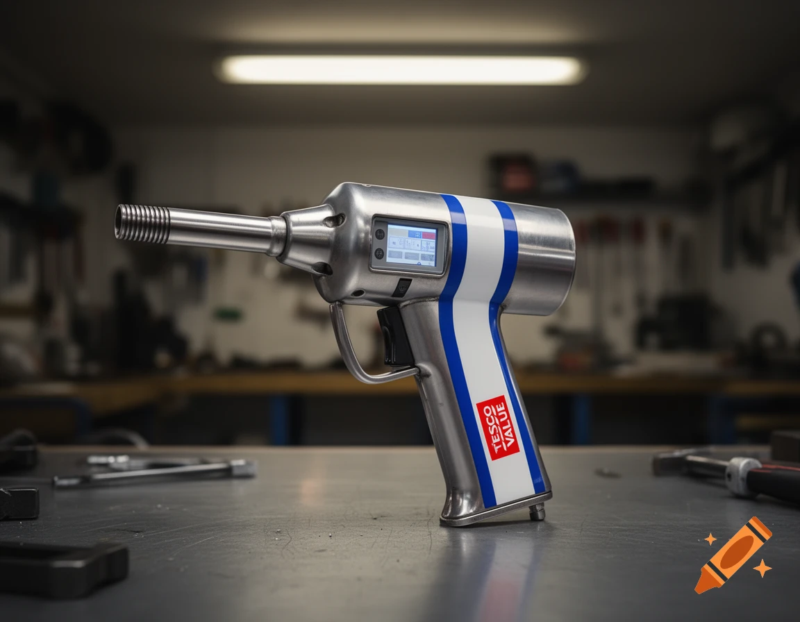 A silver and white 'Tesco Value' branded device, resembling a gun or futuristic tool, with blue stripes, on a workbench.