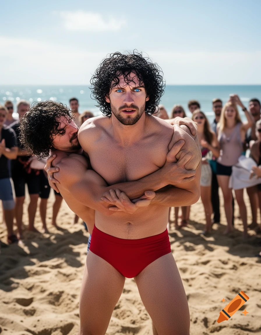 Two muscular men with curly hair, one in red briefs, grapple on a sandy beach while a crowd watches.