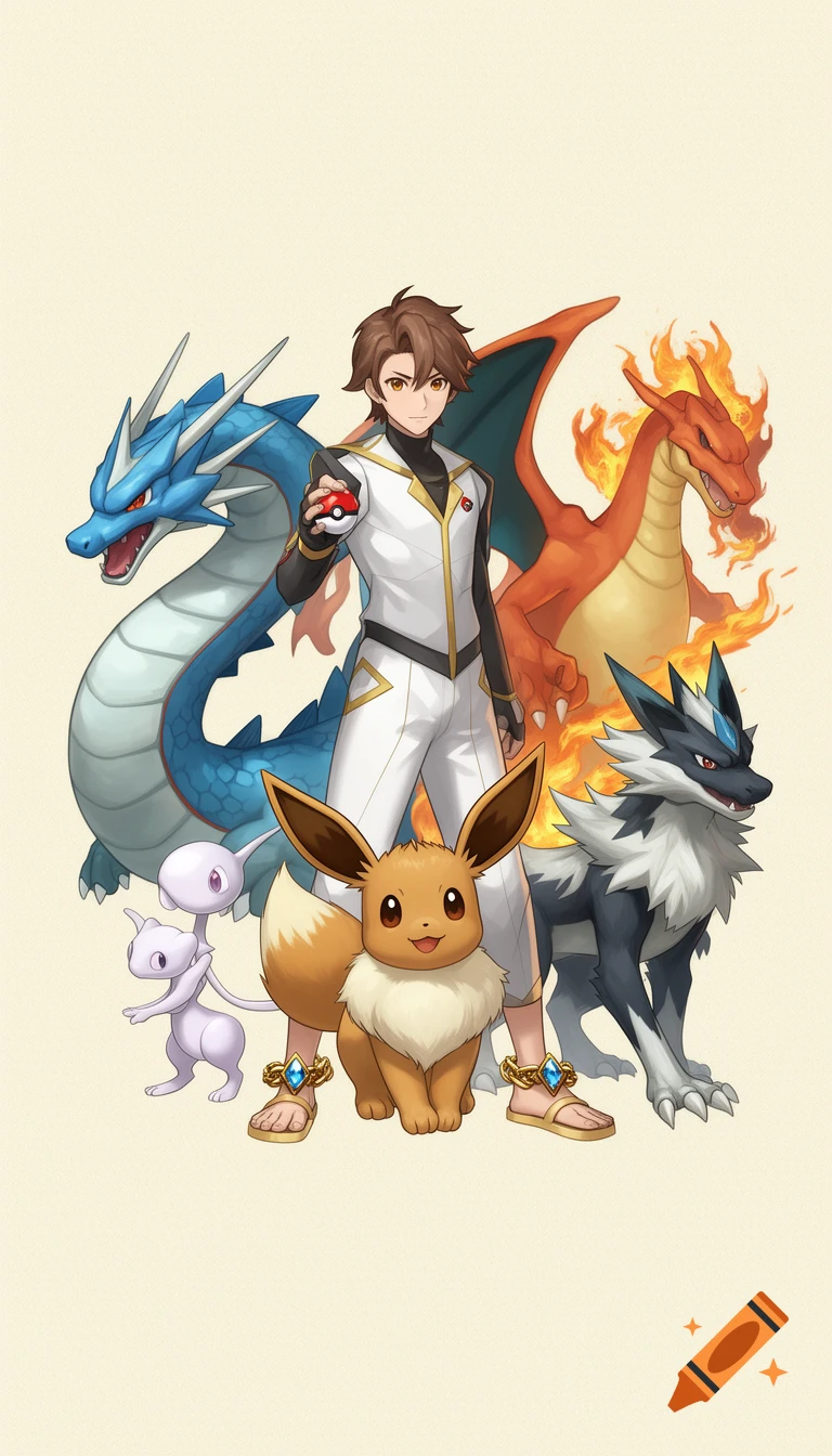 An anime-style Pokémon trainer in a white suit stands confidently with his team: a blue Gyarados, a red Charizard, a lavender Mew, a brown Eevee, and a black and white Lycanroc.