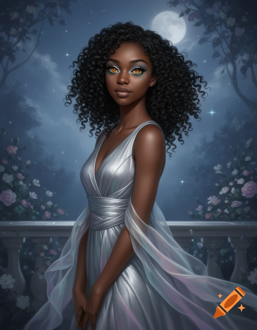 A fantasy portrait of a beautiful Black woman with curly hair and golden eyes in a flowing silver dress, standing on a moonlit balcony.