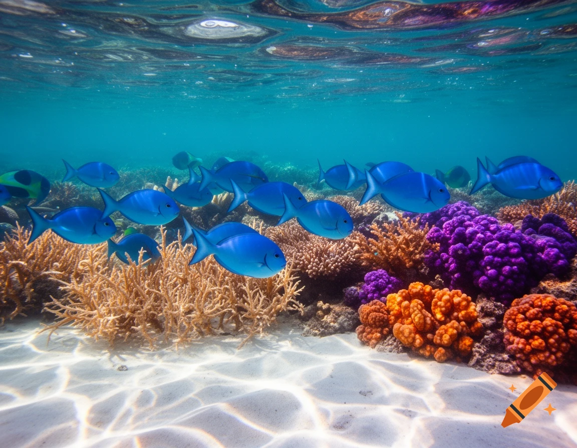 A school of blue tang fish swims among vibrant coral reefs in clear ocean water, with sunlight dappling the sandy bottom.