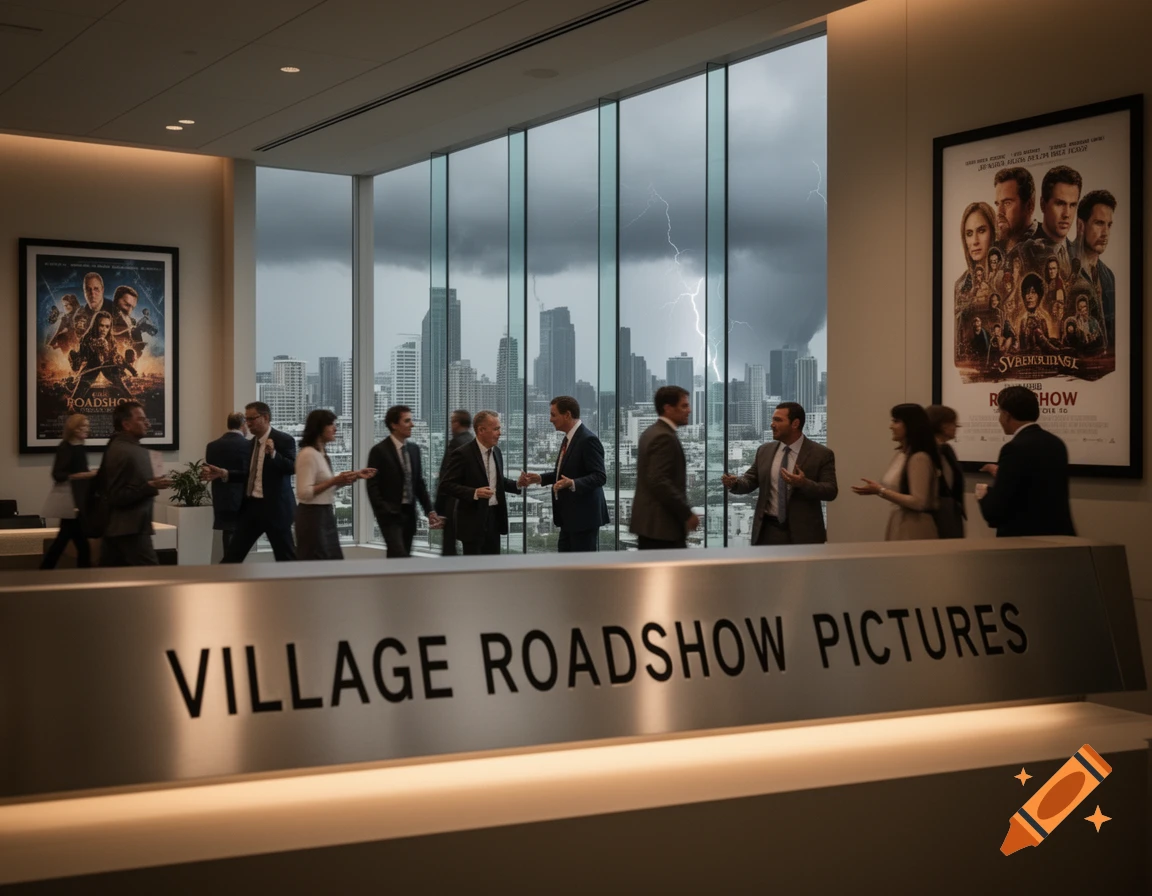 A modern office interior with business people, movie posters, and a sign reading 'VILLAGE ROADSHOW PICTURES'. A cityscape with lightning is visible through large windows.