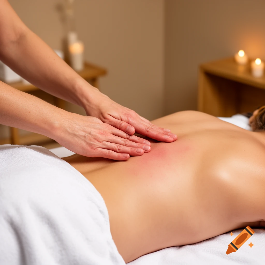 Close-up of a person receiving a back massage in a warm, dimly lit spa setting.