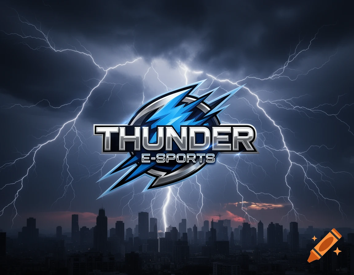 Digital logo 'THUNDER E-SPORTS' with blue lightning, over a dark city skyline during a thunderstorm.