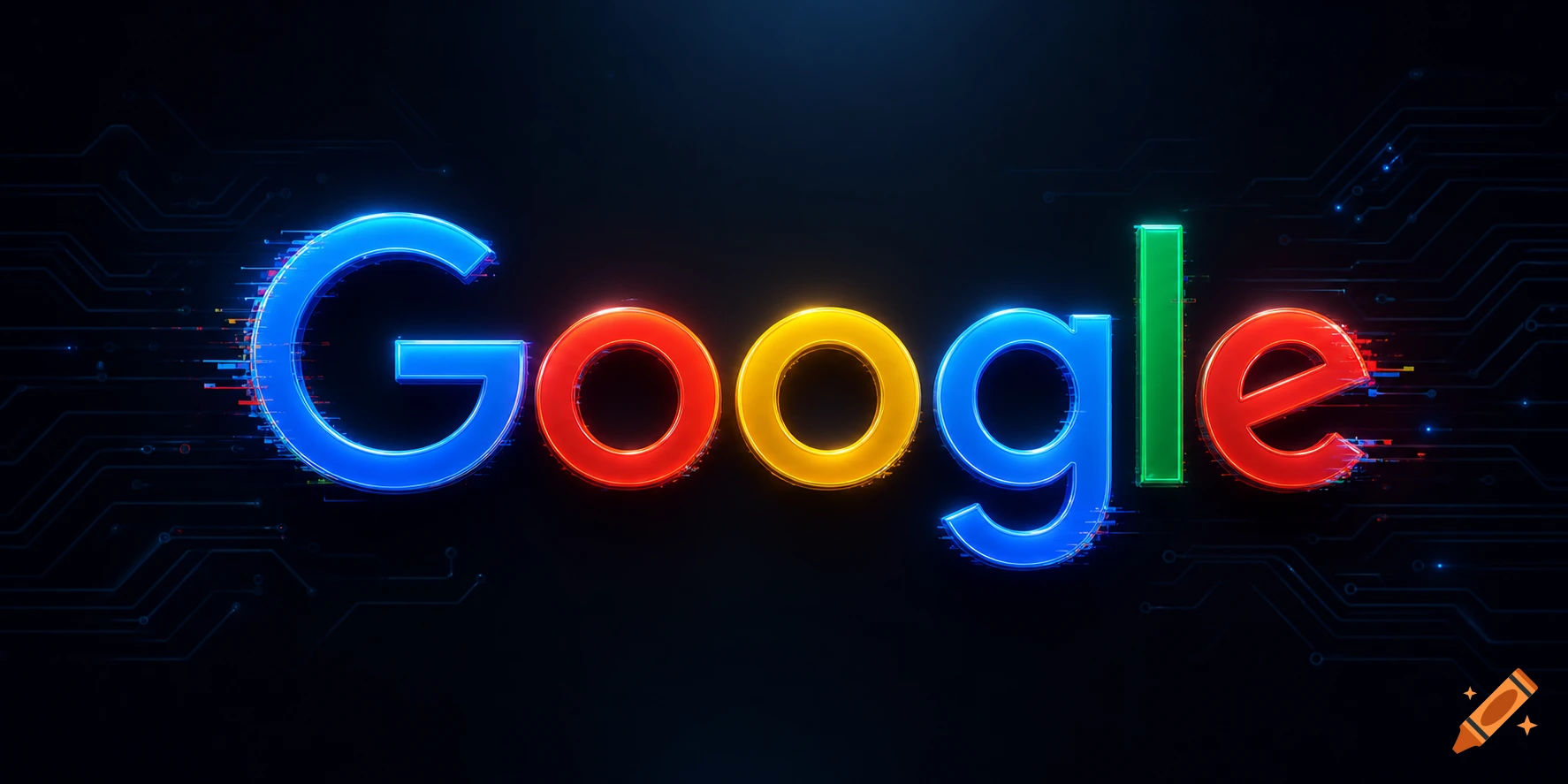 The Google logo in colorful, glitched neon letters over a dark circuit board background.