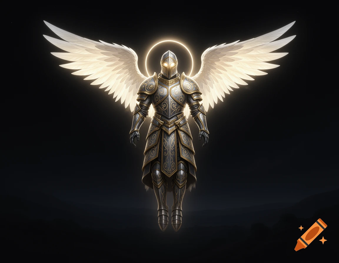 An armored angel with glowing white wings and a golden halo floats against a dark background, detailed with intricate patterns on its armor.
